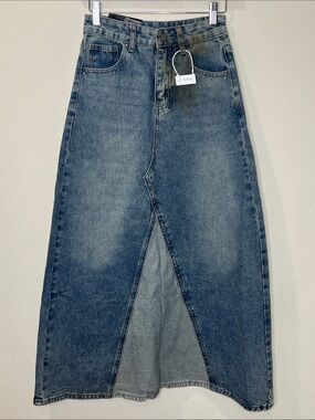Classic Blue Denim Maxi Skirt with Front Slit